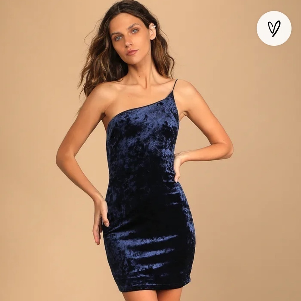 NWT Lulu’s Forever Thriving Navy Blue Velvet One-Shoulder Bodycon Dress - Picture 4 of 9